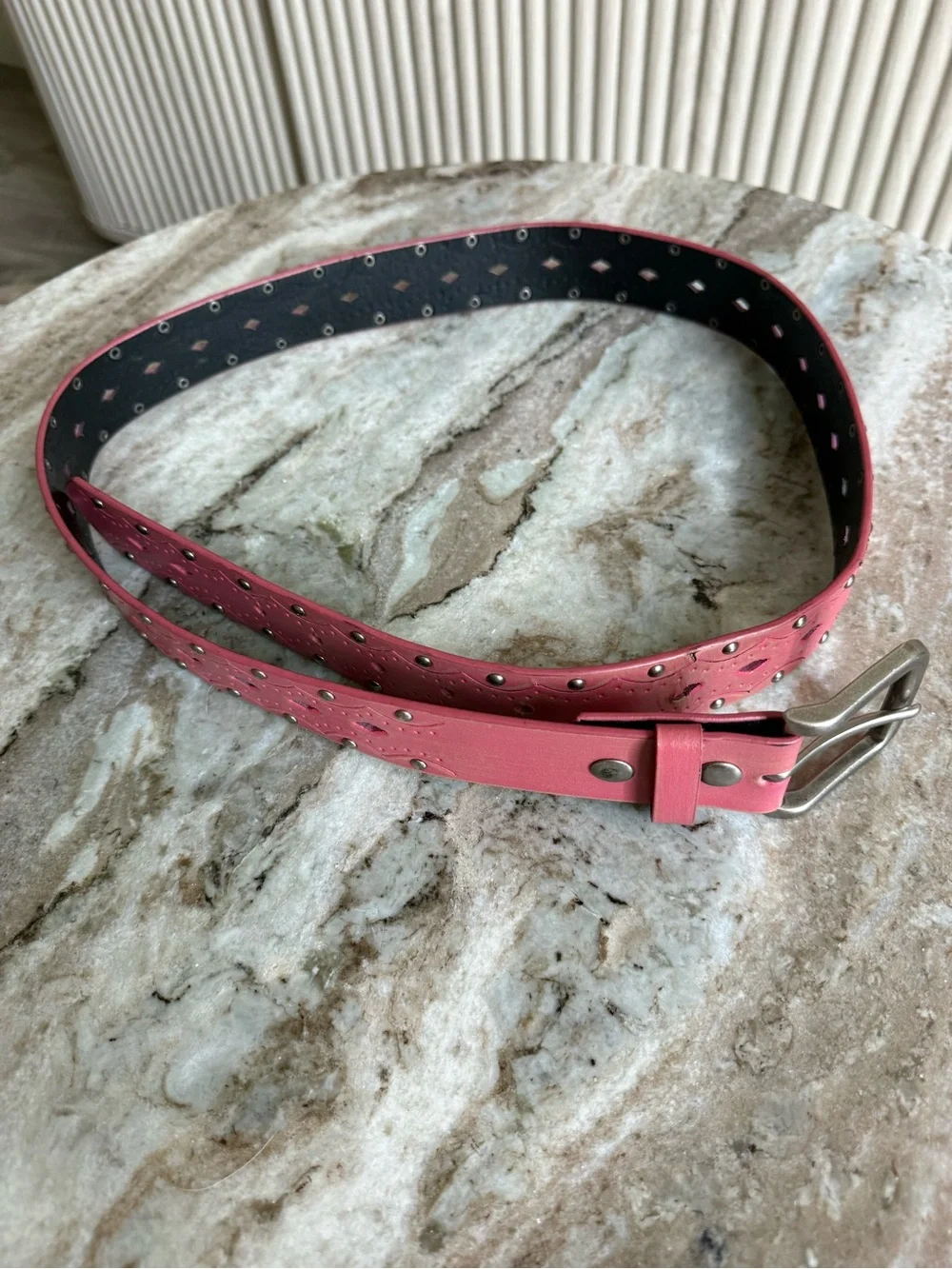 Y2K Pink Studded Leather Belt Western Cutout Grommet Wide Belt L 40
